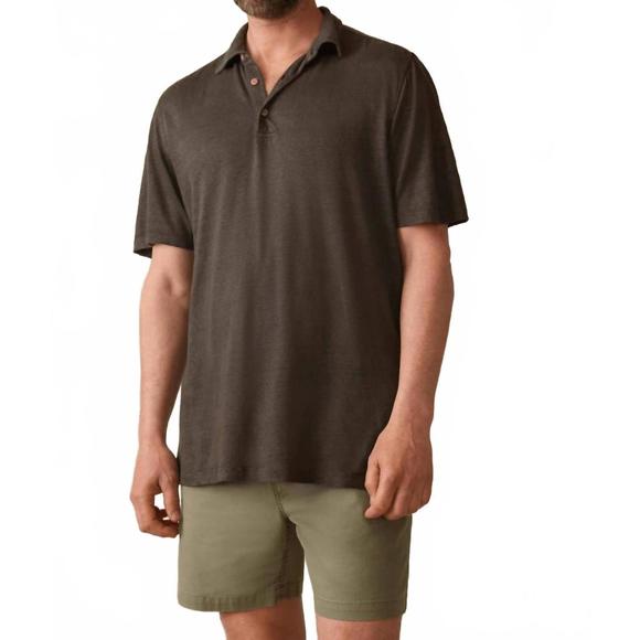 NEW FAHERTY short sleeve linen polo shirt in washed black